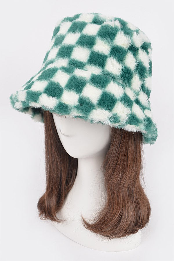 Checkered Faux Fur Bucket Hat